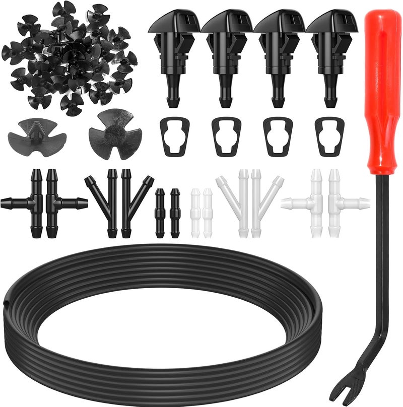 Comkrivy 52 in 1 Windshield Washer Nozzles Kit, Replacement for Chrysler, Dodge, Jeep, Ram - 4 Sprayer Nozzles, 157 Inch Fluid Hose, 12 Hose Connectors, 30 Hood Retainers - Image 1